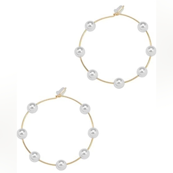 2.5" Pearl Gold Hoops Thin Oversized Hoop Statement Earrings New Boho - Picture 3 of 4